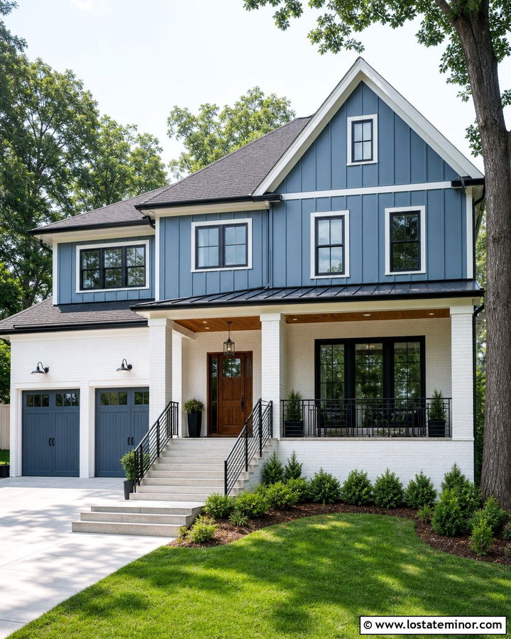 Dusty Blue House With Painted White Brick - 30 Dusty Blue House Design With Brick Accents Ideas