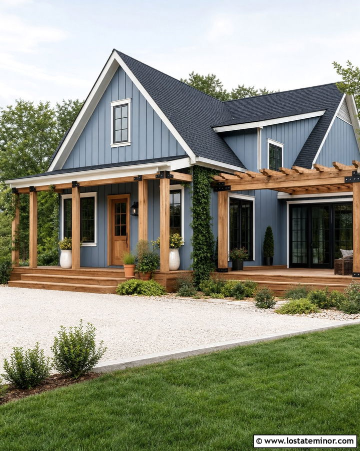Dusty Blue House With Pergola Deck - 30 Dusty Blue House Design With Deck Ideas