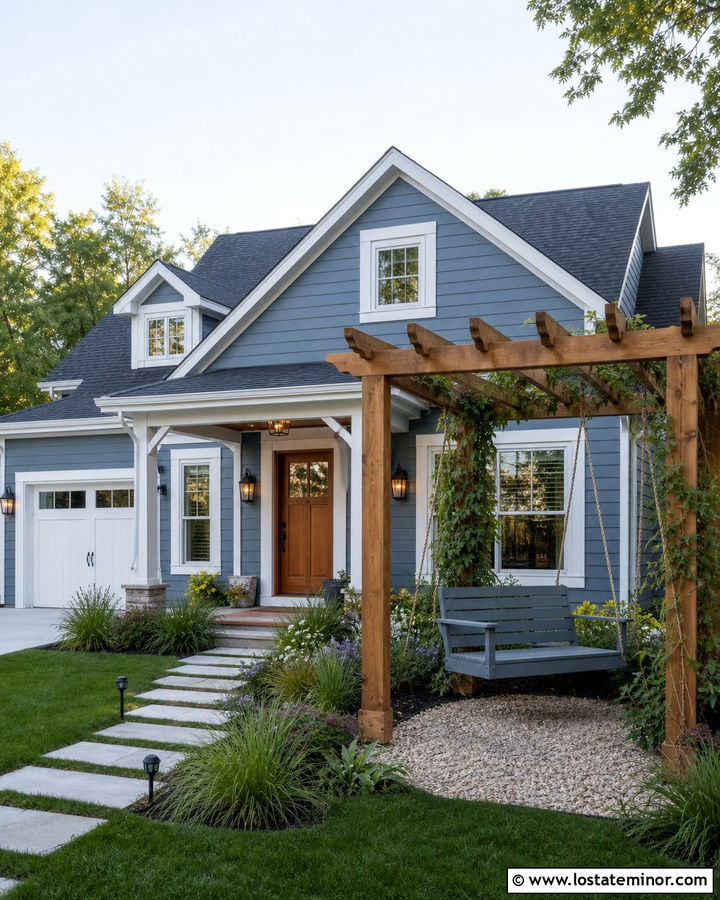 Dusty Blue House With Pergola Swing - 30 Dusty Blue House Design With Swing Ideas