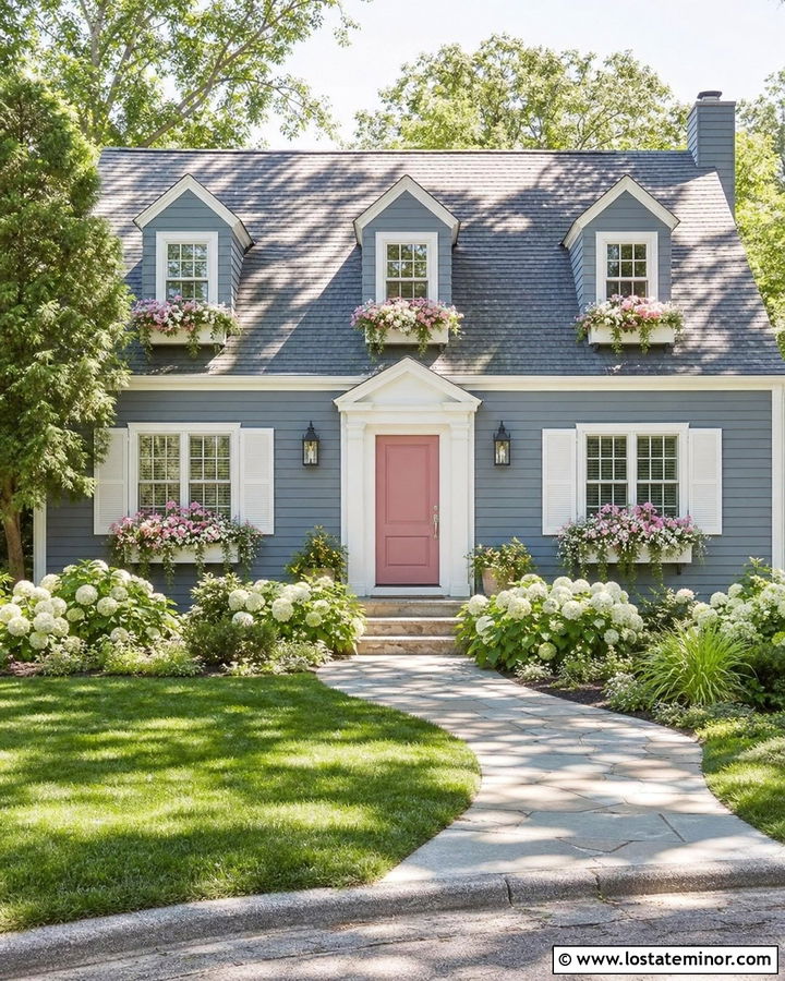 Dusty Blue House With Pink Flower Window Boxes - 30 Dusty Blue House Design With Window Boxes Ideas