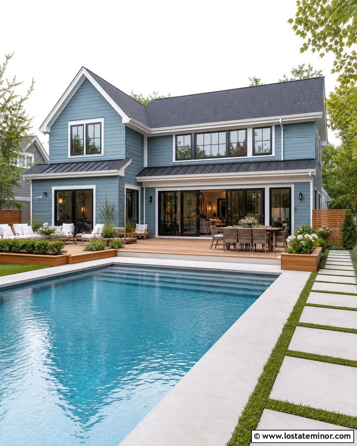 Dusty Blue House With Pool And Cedar Deck - 30 Dusty Blue House Design With Swimming Pool Ideas