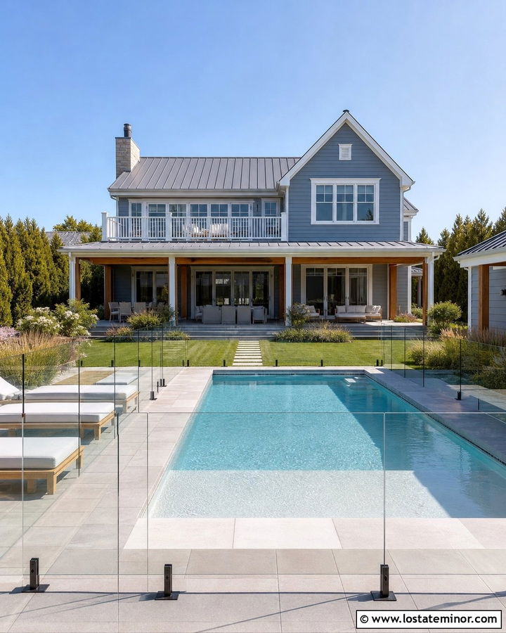 Dusty Blue House With Pool And Glass Fence - 30 Dusty Blue House Design With Swimming Pool Ideas