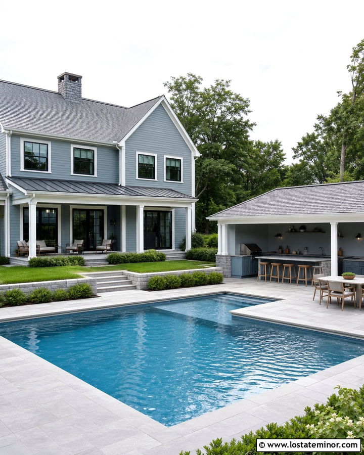 Dusty Blue House With Pool And Outdoor Kitchen - 30 Dusty Blue House Design With Swimming Pool Ideas