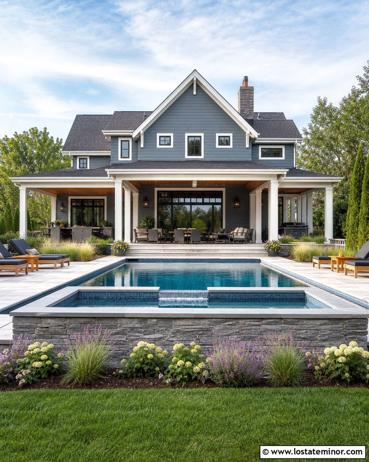 Dusty Blue House With Pool And Raised Spa - 30 Dusty Blue House Design With Swimming Pool Ideas