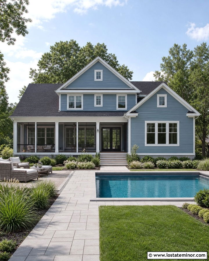 Dusty Blue House With Pool And Screened Porch - 30 Dusty Blue House Design With Swimming Pool Ideas