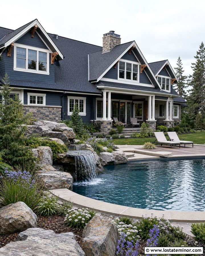Dusty Blue House With Pool And Stone Waterfall - 30 Dusty Blue House Design With Swimming Pool Ideas