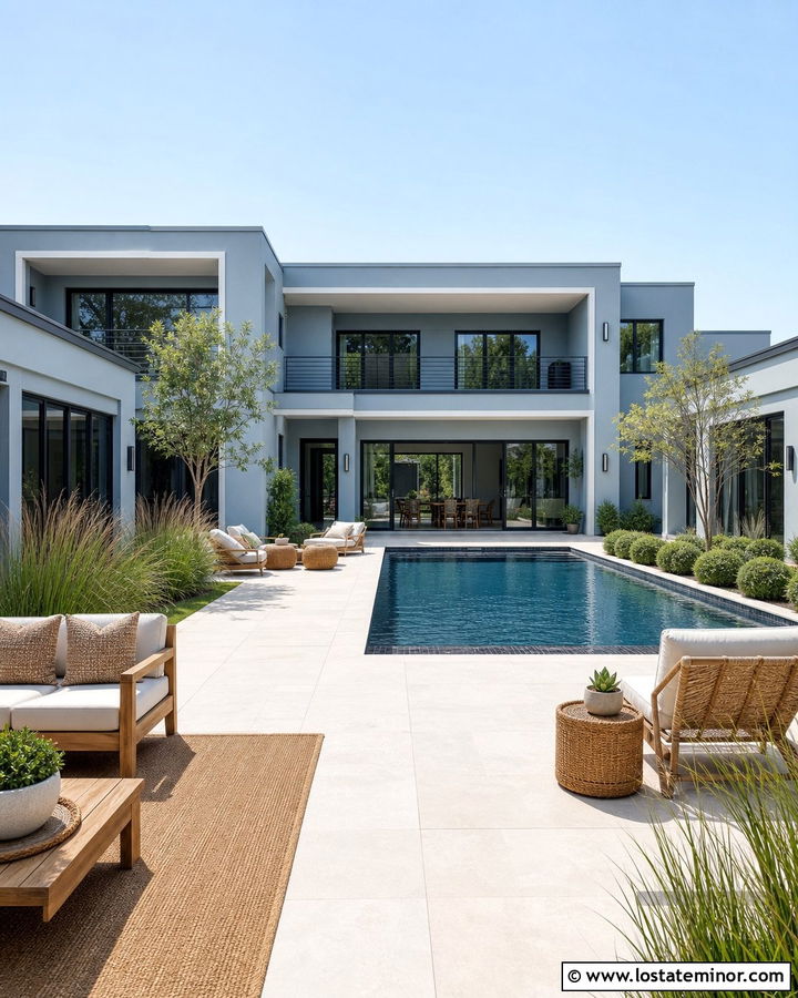 Dusty Blue House With Pool And White Pavers - 30 Dusty Blue House Design With Swimming Pool Ideas
