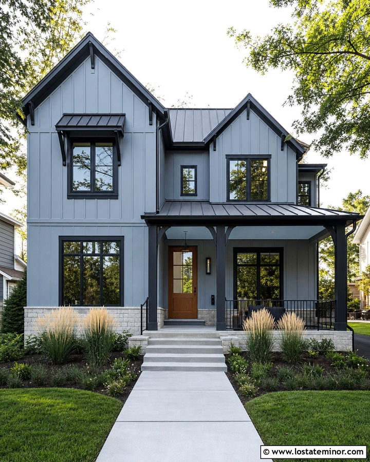 Dusty Blue House With Porch Ceiling And Black Trim - 30 Dusty Blue House Design With Porch Ceiling Ideas