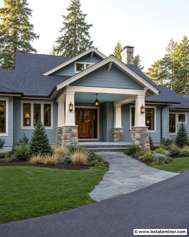 Dusty Blue House With Porch Ceiling And Stone Columns - 30 Dusty Blue House Design With Porch Ceiling Ideas