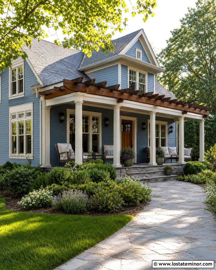 Dusty Blue House With Porch Pergola - 30 Dusty Blue House Design With Pergola Ideas