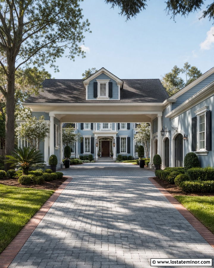 Dusty Blue House With Porte Cochere Driveway - 30 Dusty Blue House Design With Driveway Ideas