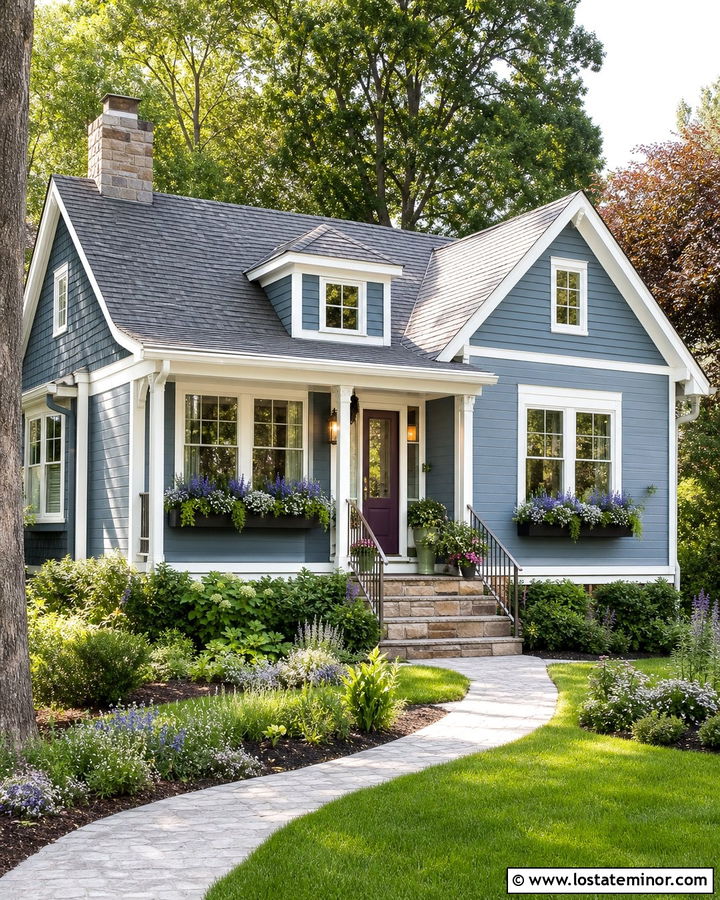 Dusty Blue House With Purple Flower Window Boxes - 30 Dusty Blue House Design With Window Boxes Ideas