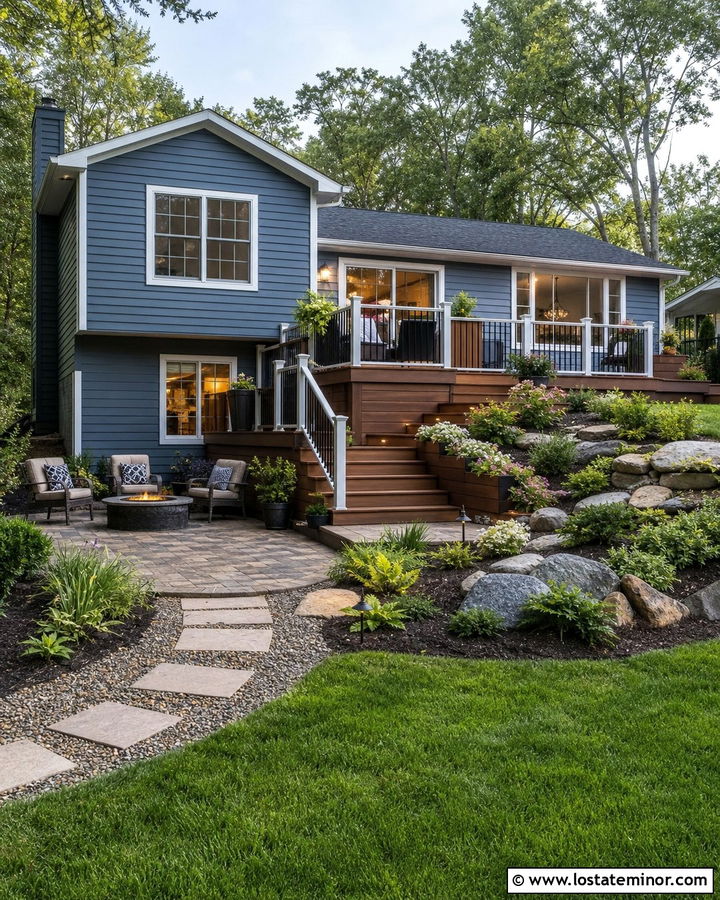 Dusty Blue House With Raised Backyard Deck - 30 Dusty Blue House Design With Backyard Ideas