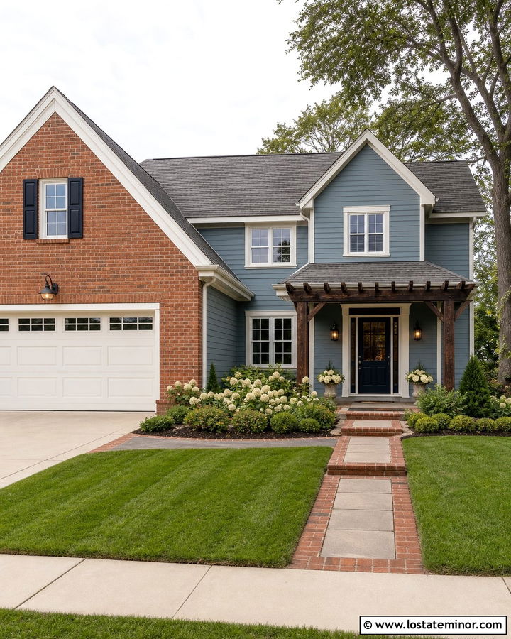 Dusty Blue House With Red Brick And Pergola - 30 Dusty Blue House Design With Pergola Ideas