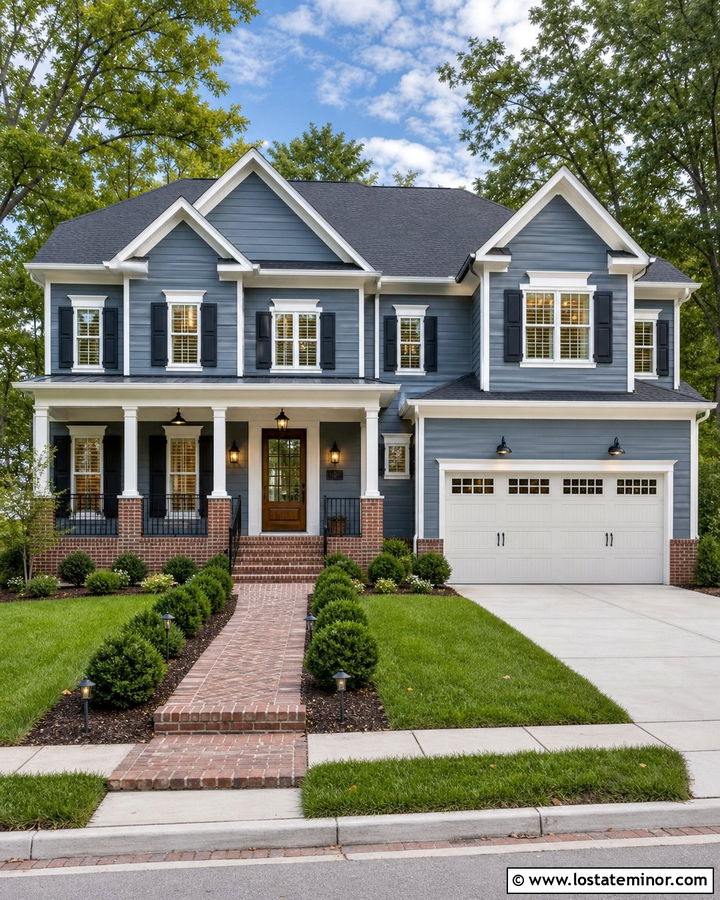 Dusty Blue House With Red Brick And Recessed Lights - 30 Dusty Blue House Design With Lighting Ideas