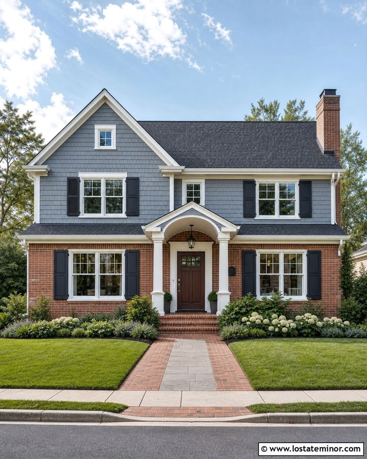 Dusty Blue House With Red Brick And Shingles - 30 Dusty Blue House Design With Shingles Ideas