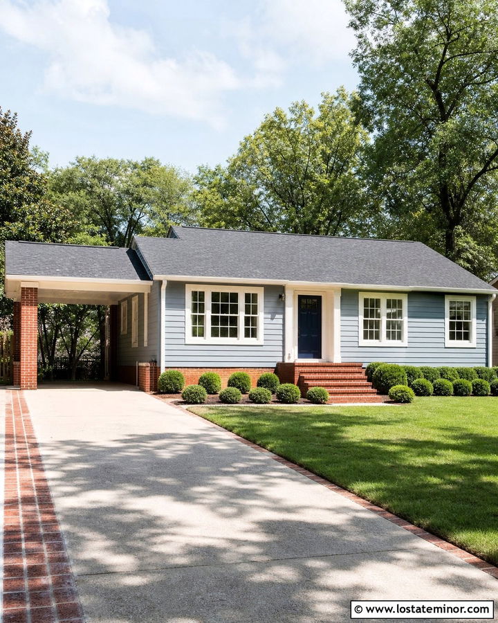 Dusty Blue House With Red Brick Carport Piers - 30 Dusty Blue House Design With Carport Ideas