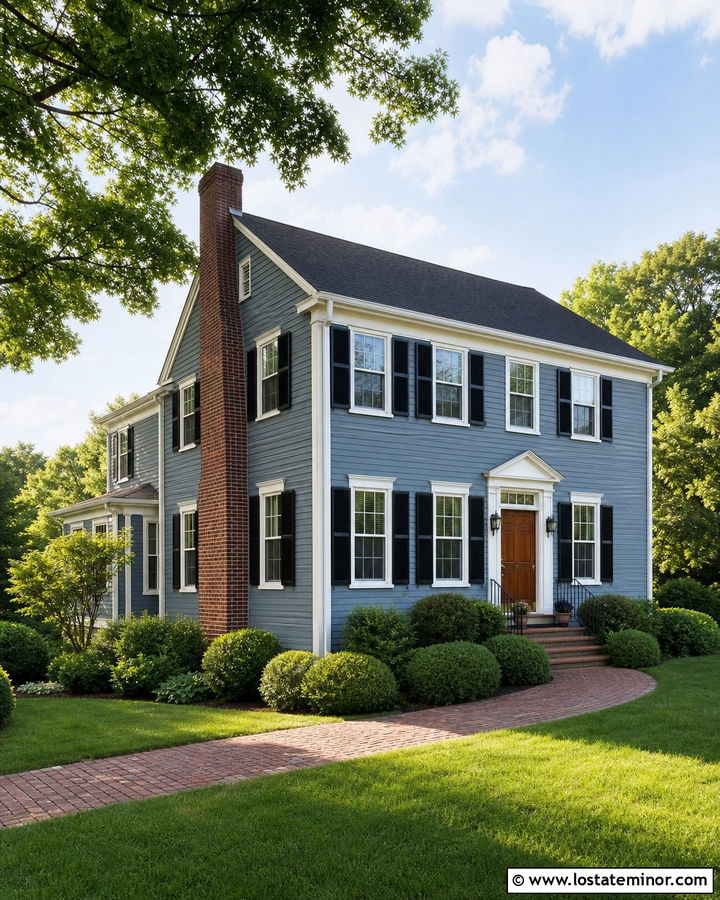 Dusty Blue House With Red Brick Chimney - 30 Dusty Blue House Design With Chimney Ideas