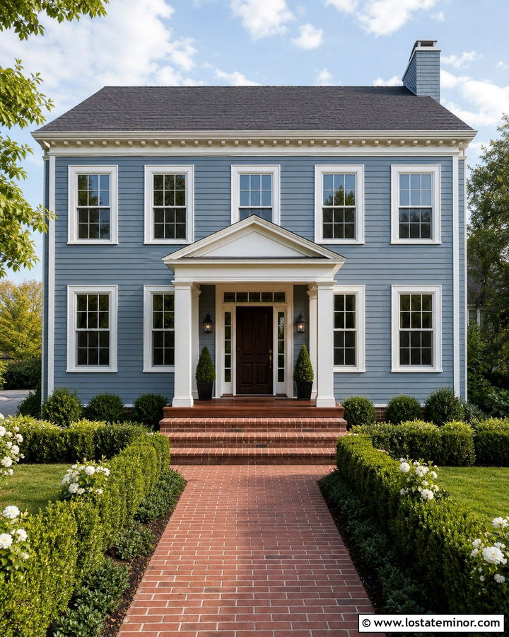 Dusty Blue House With Red Brick Deck Steps - 30 Dusty Blue House Design With Deck Ideas