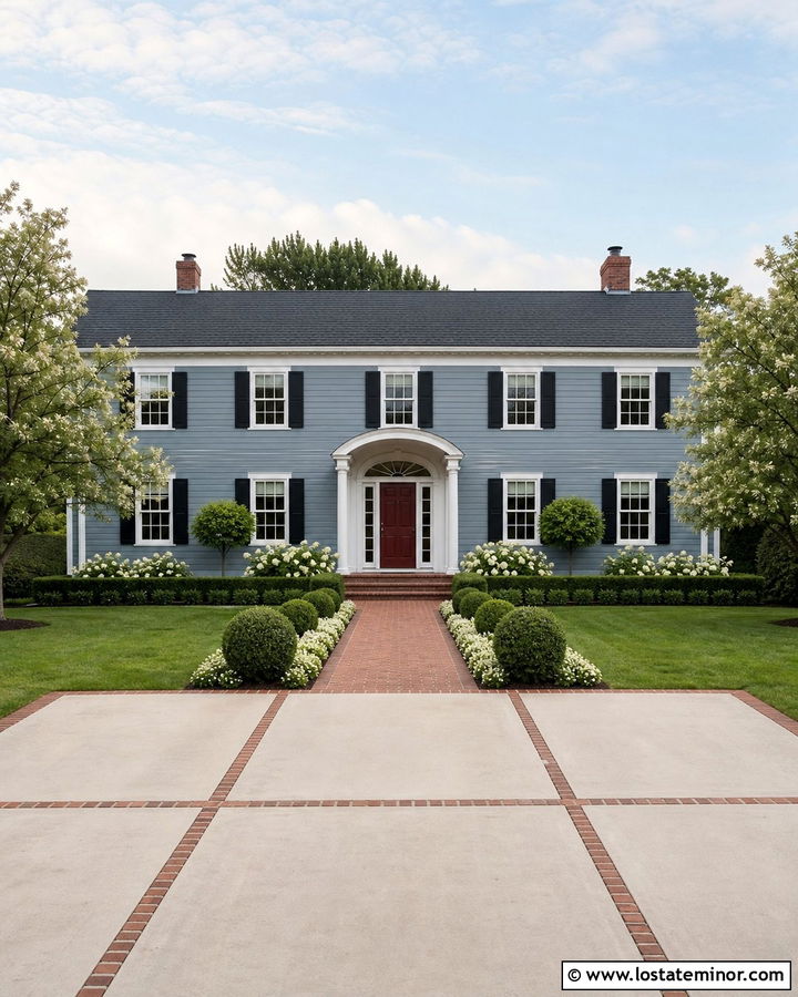 Dusty Blue House With Red Brick Driveway Border - 30 Dusty Blue House Design With Driveway Ideas
