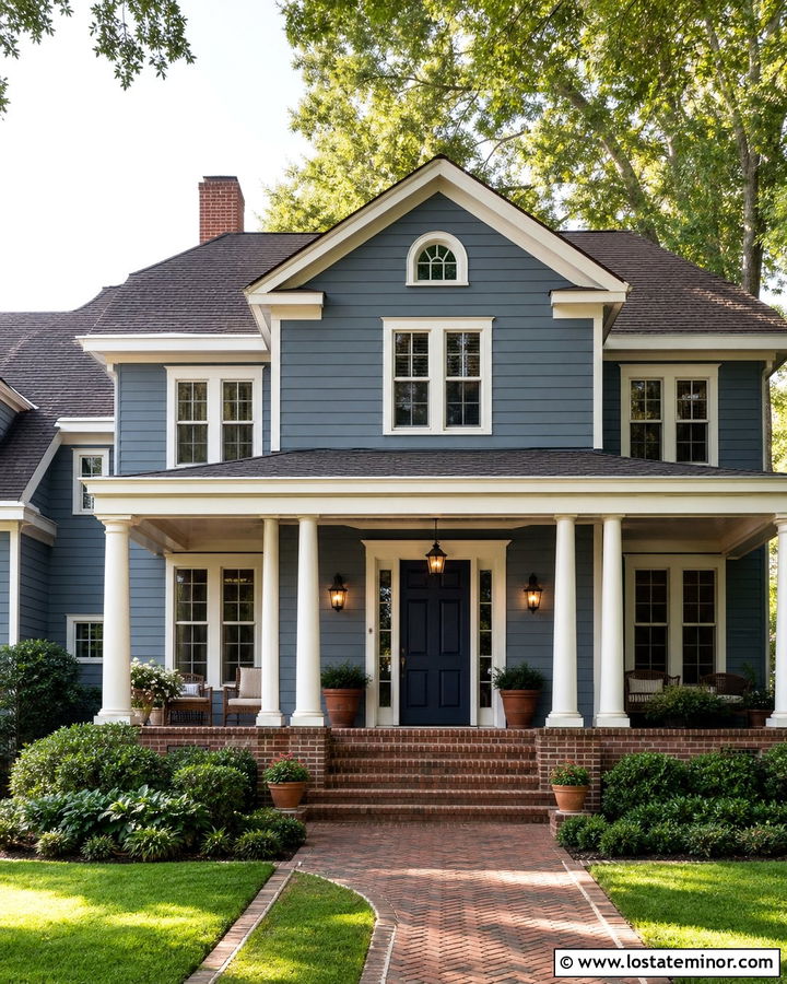 Dusty Blue House With Red Brick Front Porch - 30 Dusty Blue House Design With Front Porch Ideas