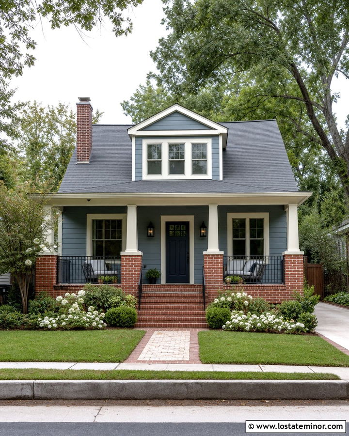 Dusty Blue House With Red Brick Porch Columns - 30 Dusty Blue House Design With Porch Columns Ideas