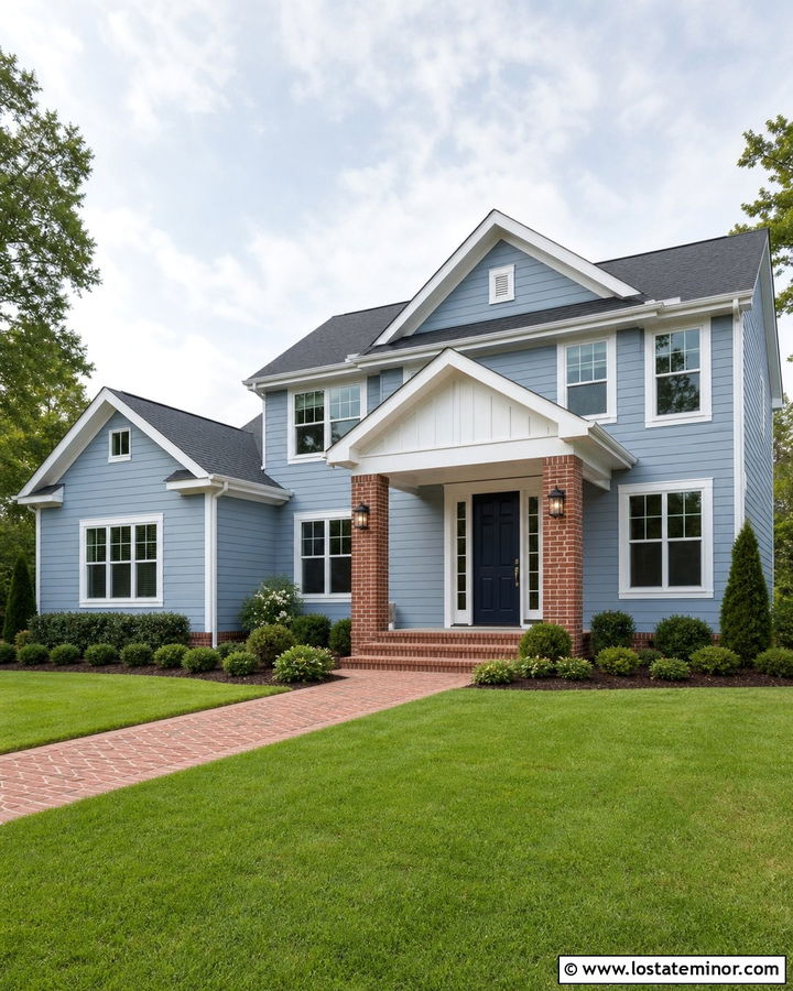 Dusty Blue House With Red Brick Portico - 30 Dusty Blue House Design With Portico Ideas