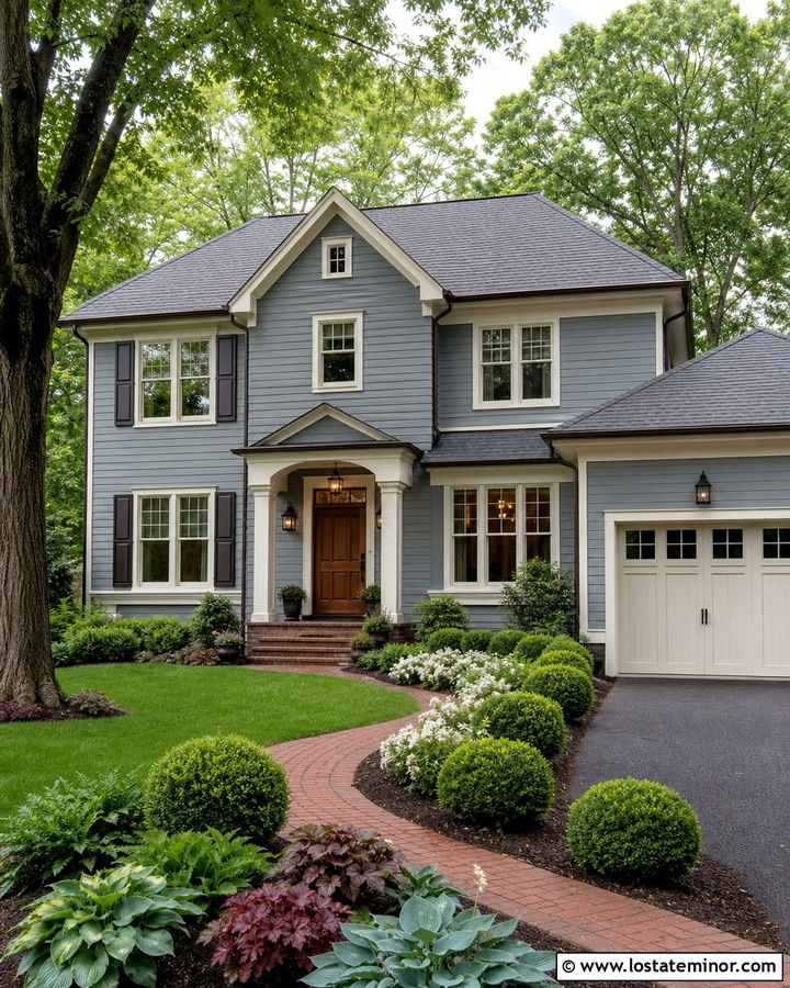 Dusty Blue House With Red Brick Walkway - 30 Dusty Blue House Design With Landscaping Ideas