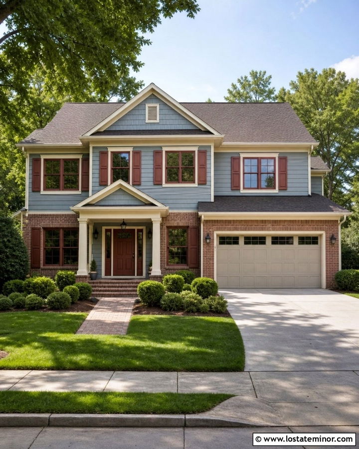 Dusty Blue House With Red Brown Window Frames - 30 Dusty Blue House Design With Window Frames Ideas