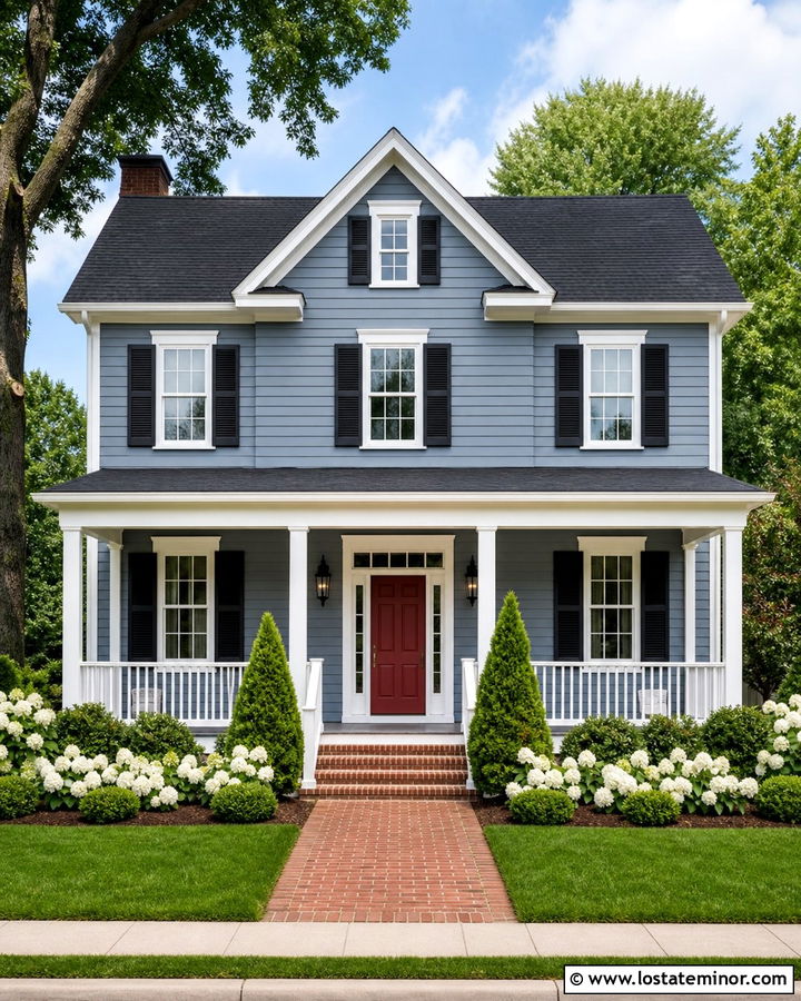 Dusty Blue House With Red Door And White Railings - 30 Dusty Blue House Design With Railings Ideas
