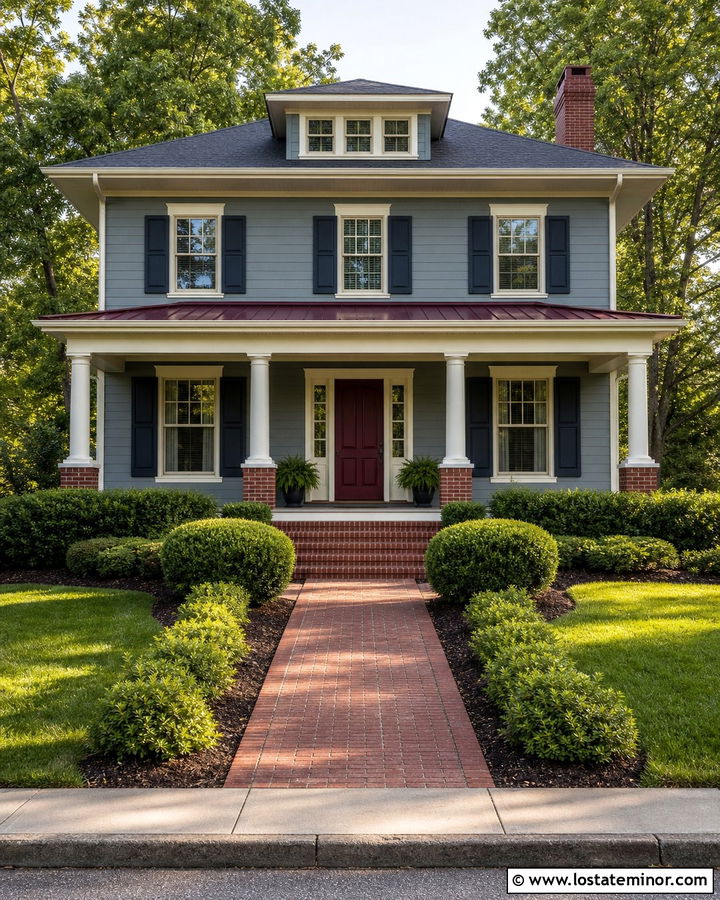 Dusty Blue House With Red Door Awning - 30 Dusty Blue House Design With Awning Ideas