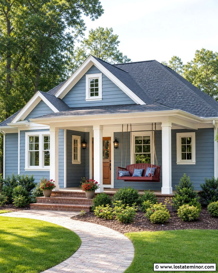 Dusty Blue House With Red Porch Swing - 30 Dusty Blue House Design With Swing Ideas