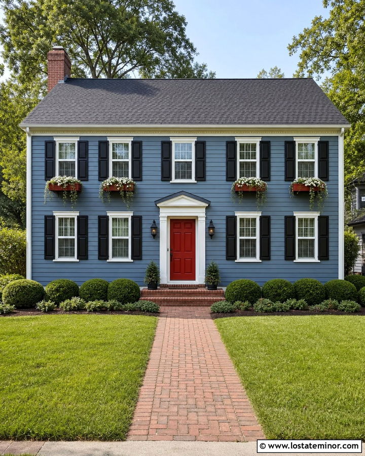 Dusty Blue House With Red Window Boxes - 30 Dusty Blue House Design With Window Boxes Ideas