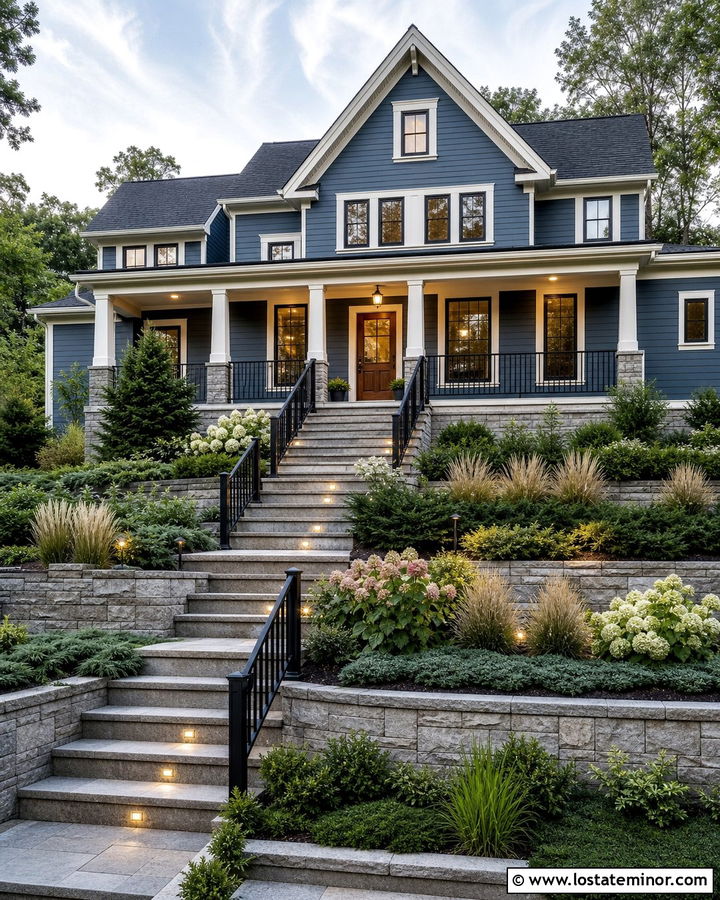 Dusty Blue House With Retaining Wall Front Yard - 30 Dusty Blue House Design With Front Yard Ideas