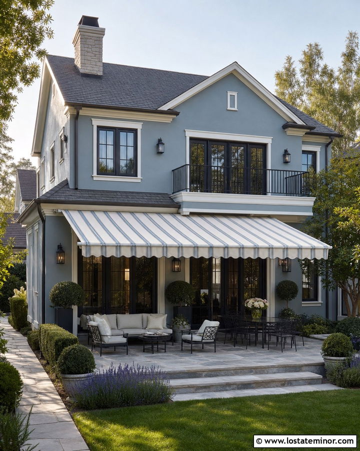 Dusty Blue House With Retractable Patio Awning - 30 Dusty Blue House Design With Awning Ideas