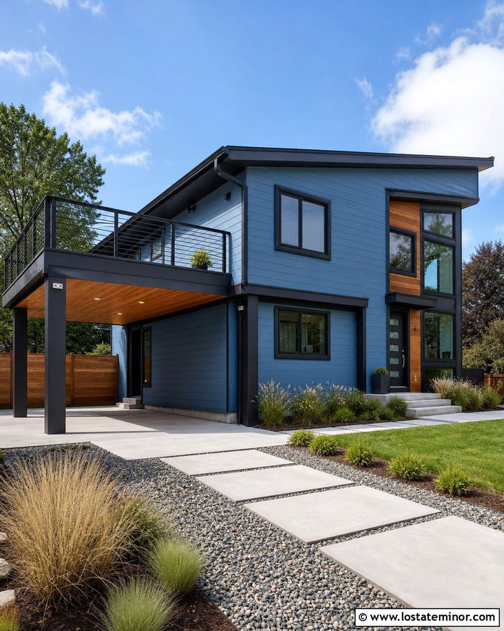 Dusty Blue House With Rooftop Deck Carport - 30 Dusty Blue House Design With Carport Ideas