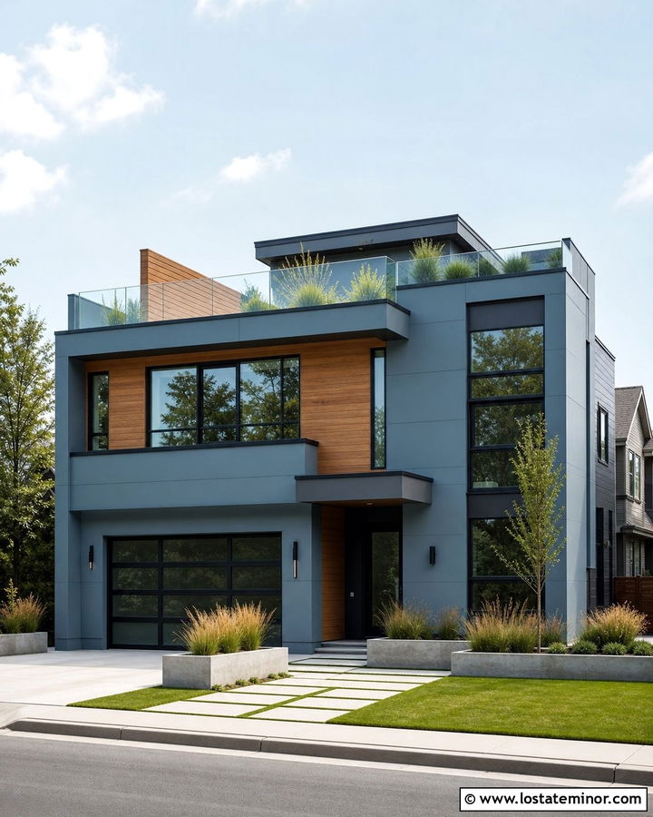Dusty Blue House With Rooftop Deck - 30 Dusty Blue House Design With Deck Ideas