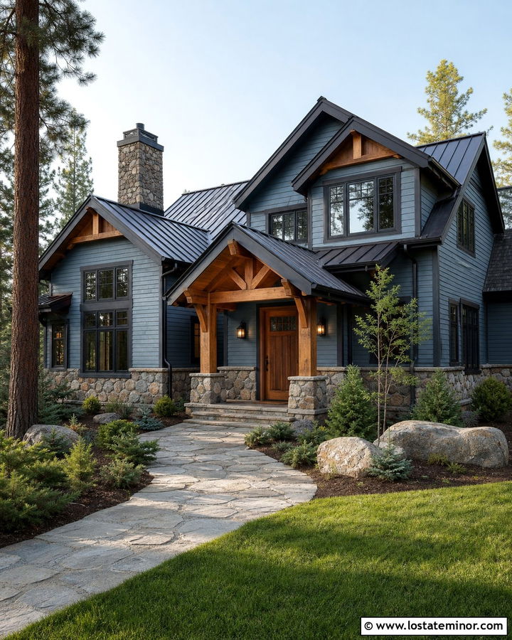 Dusty Blue House With Rustic Timber Awning - 30 Dusty Blue House Design With Awning Ideas