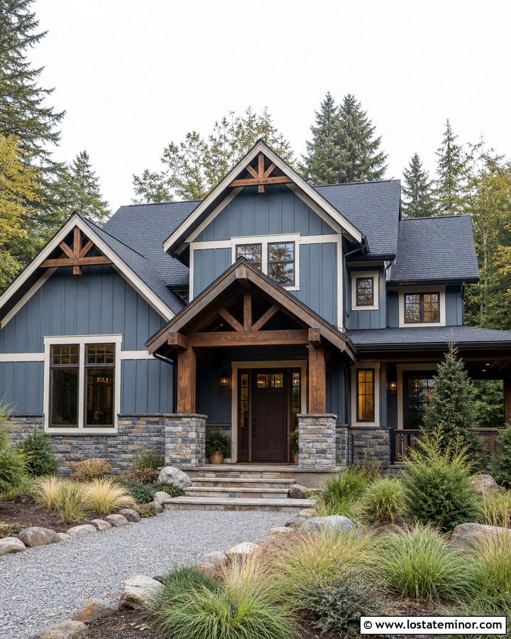 Dusty Blue House With Rustic Timber Portico - 30 Dusty Blue House Design With Portico Ideas