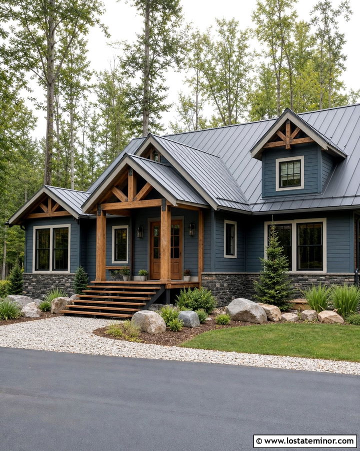 Dusty Blue House With Rustic Timber Steps - 30 Dusty Blue House Design With Steps Ideas