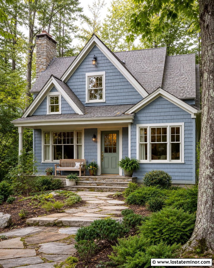 Dusty Blue House With Sage Door And Roof Shingles - 30 Dusty Blue House Design With Shingles Ideas