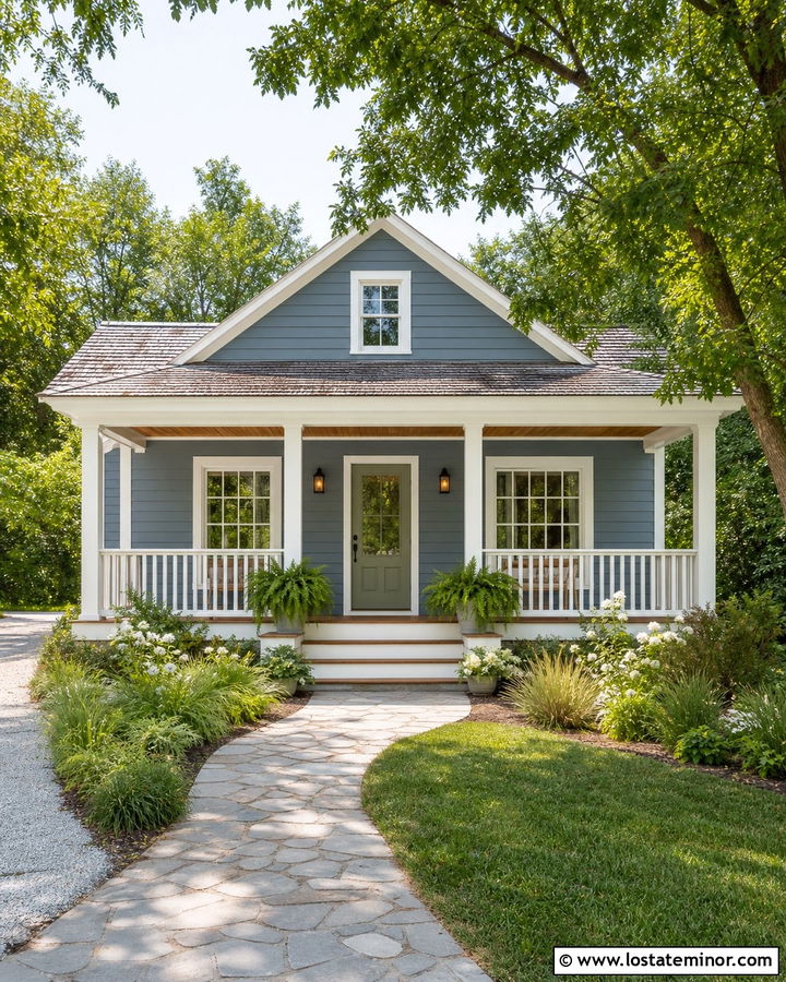 Dusty Blue House With Sage Green Porch Door - 30 Dusty Blue House Design With Front Porch Ideas