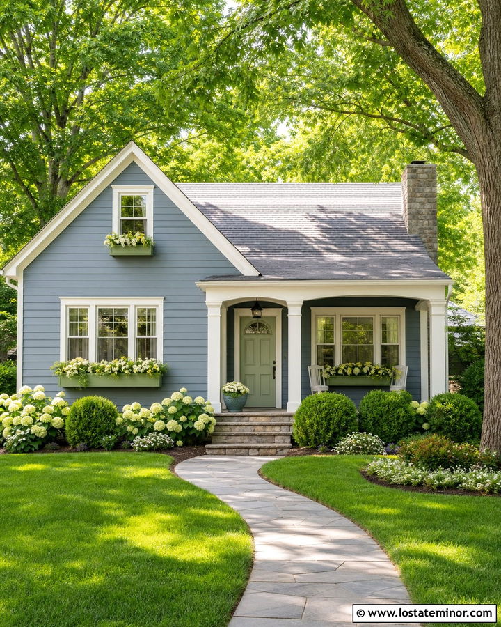 Dusty Blue House With Sage Green Window Boxes - 30 Dusty Blue House Design With Window Boxes Ideas