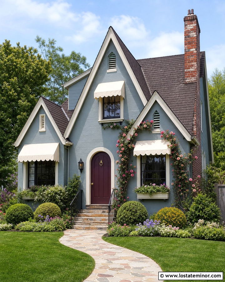 Dusty Blue House With Scalloped Fabric Awnings - 30 Dusty Blue House Design With Awning Ideas