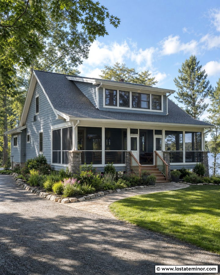 Dusty Blue House With Screened Porch Dormers - 30 Dusty Blue House Design With Dormers Ideas