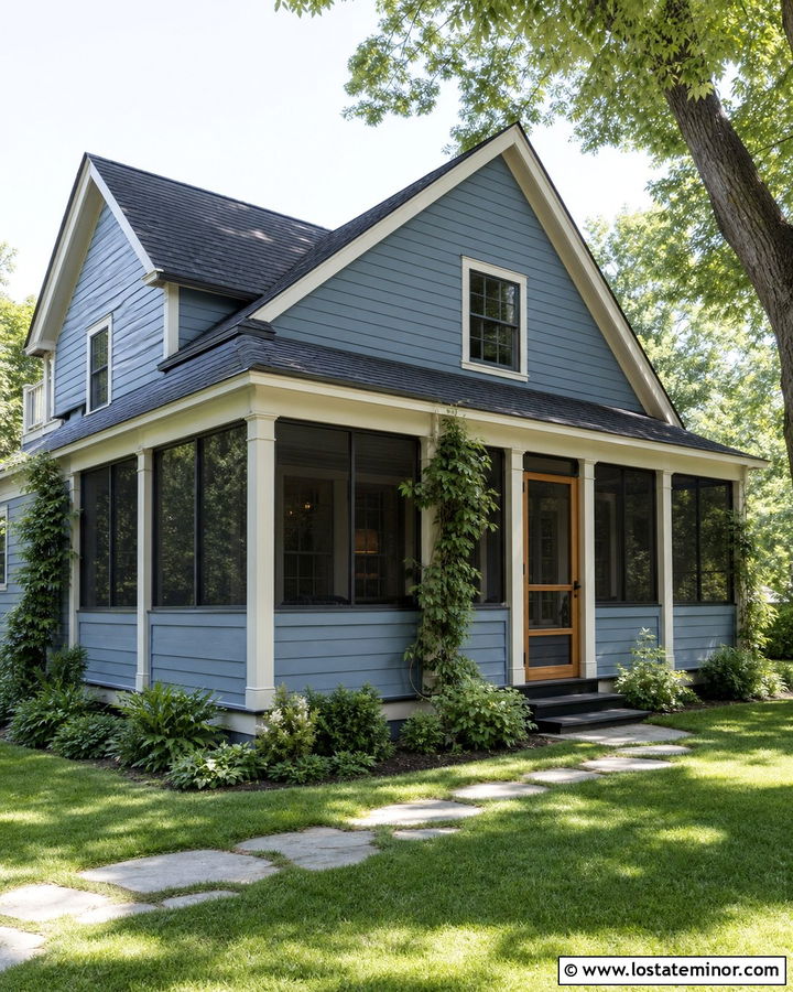 Dusty Blue House With Screened Porch Railings - 30 Dusty Blue House Design With Railings Ideas