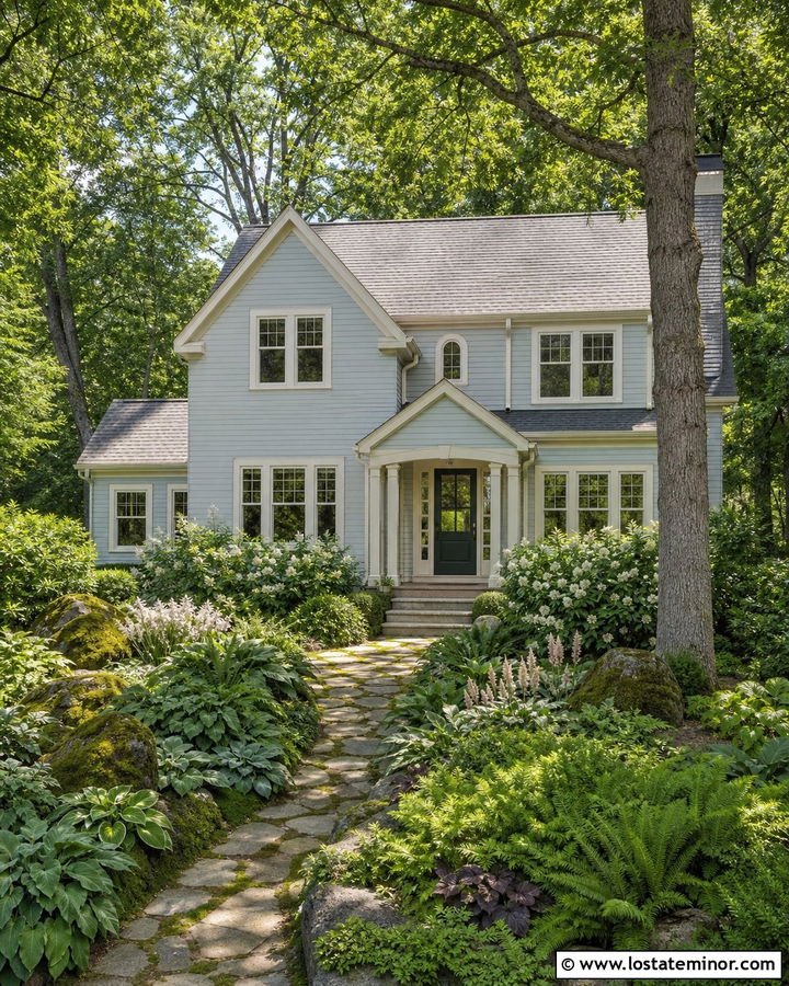 Dusty Blue House With Shade Garden - 30 Dusty Blue House Design With Landscaping Ideas