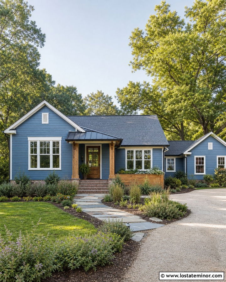 Dusty Blue House With Shed Roof Portico - 30 Dusty Blue House Design With Portico Ideas