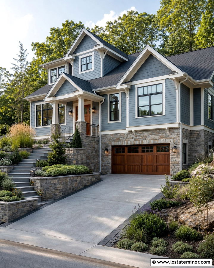 Dusty Blue House With Sloped Driveway And Retaining Walls - 30 Dusty Blue House Design With Driveway Ideas