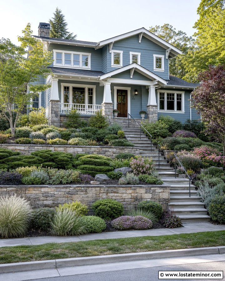 Dusty Blue House With Sloped Front Yard - 30 Dusty Blue House Design With Landscaping Ideas